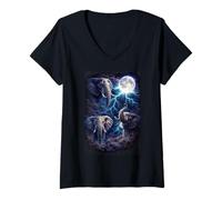 Mujer Oscuro Elefantes Bajo la Luna Llena Vintage Fantasía Rayo Camiseta Cuello V