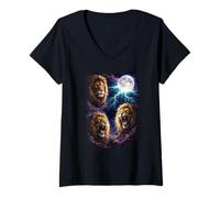 Mujer Oscuro Leones Bajo la Luna Llena Vintage Fantasía Rayo Camiseta Cuello V