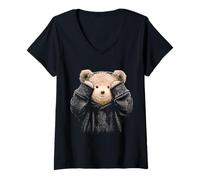 Mujer Oso Bosque Animal Lover Wildlife Motif Arte Gráfico Kawaii Camiseta Cuello V