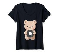 Mujer Oso con Disco de Vinilo Camiseta Cuello V