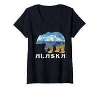 Mujer Oso de Alaska con Lago y montaña Alaska Aventura Camiseta Cuello V