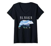 Mujer Oso de Alaska con Lago y montaña Alaska Camiseta Cuello V