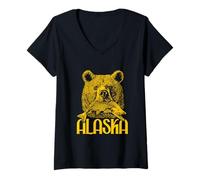 Mujer Oso de Alaska con Un Salmón Pescado Alaska Naturaleza Amante Vintage Camiseta Cuello V