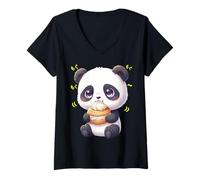 Mujer Oso de bambú Kawaii Panda Munching Happily Camiseta Cuello V