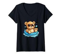 Mujer Oso de Peluche Amante del Agua en un Anillo Flotante Camiseta Cuello V