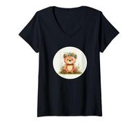 Mujer Oso de peluche esponjoso que trae vibraciones florales para niños y niñas Camiseta Cuello V