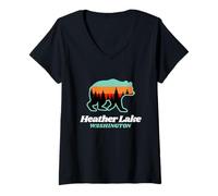Mujer Oso de Verano de Heather Lake Falls Washington pescando Camiseta Cuello V