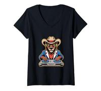 Mujer Oso DJ Vaquero con Estilo Musical Camiseta Cuello V