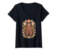 Mujer Oso Floral Botánico Osos Camiseta Cuello V