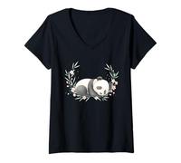 Mujer Oso Kawaii Floral de bambú con diseño de Panda Durmiente Camiseta Cuello V