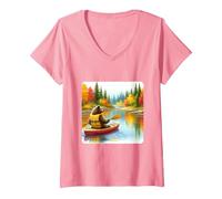 Mujer Oso Kayak En Río con Árboles De Otoño. Paletas De Chaleco Salv Camiseta Cuello V, Rosado, M