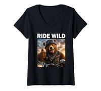 Mujer Oso Motociclista Motero Divertido Amante Ride Wild Camiseta Cuello V