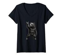 Mujer Oso pardo retro vintage music rock gesture divertido oso pardo Camiseta Cuello V