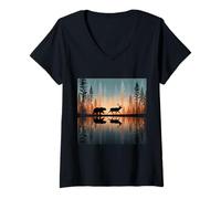 Mujer Oso Persiguiendo Elk Lake Reflexión en el Lago Camiseta Cuello V