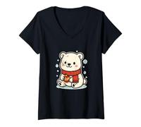 Mujer Oso Polar con Bufanda y Adorno Camiseta Cuello V