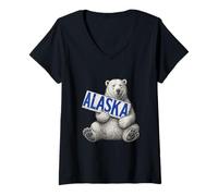 Mujer Oso Polar sosteniendo Cartel de Alaska Vintage Amante de Alaska Camiseta Cuello V