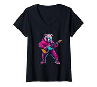 Mujer Oso Tocar Guitarra | Rock Star | Bear Rock Music Camiseta Cuello V