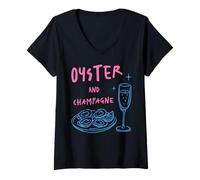 Mujer Ostras y Champagne Maridaje Amante de los mariscos Comida Bebida Diseño Camiseta Cuello V