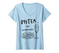 Mujer Ostras y Champagne Maridaje Amante de los mariscos Comida Bebida Diseño Camiseta Cuello V