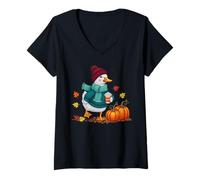 Mujer Otoño Ganso otoño Coqueta Lindo Pato café Calabaza Temporada Camiseta Cuello V