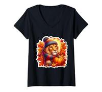Mujer Otoño Otoño León Amante Acción de Gracias Leo Hojas Camiseta Cuello V