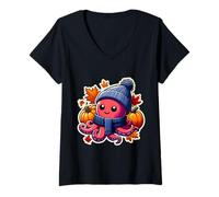 Mujer Otoño Otoño Pulpo Amante Acción de Gracias Hojas Camiseta Cuello V