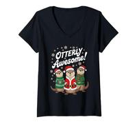 Mujer Otterly Awesome! Diseño de Nutria navideña para alegría navideña Camiseta Cuello V