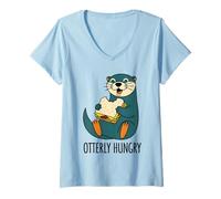 Mujer Otterly Hungry Food Lover Foodie Otter Design para Hombres y Mujeres Camiseta Cuello V