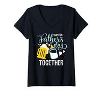 Mujer Our First Fathers Day Together Funny New Dad Hijo Hija Camiseta Cuello V
