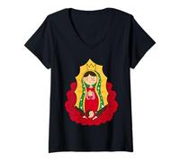 Mujer Our Lady of Guadalupe Chibi Style Tee Mexican Devotion Camiseta Cuello V