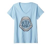 Mujer Outer Banks North Carolina Shark | Visita OBX Merch Vacaciones Camiseta Cuello V