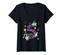 Mujer Outer Space 5 Year Old 5th Birthday Party Camiseta Niños Niñas Camiseta Cuello V