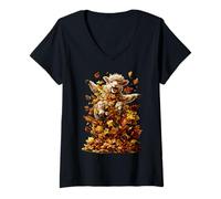 Mujer Oveja Bailando con Hojas de otoño Animal Granja otoñal Camiseta Cuello V