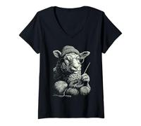 Mujer Ovejas Tejer Ganchillo Hilo Knitter Lindo Animal Ganchillo Camiseta Cuello V