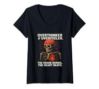 Mujer Overthinker Overfeeler Esqueleto Ardiente Cerebro Latiendo Corazón Camiseta Cuello V