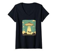 Mujer Ovni casual y divertido que transmite una vaca para la diversión interestelar Camiseta Cuello V