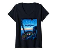 Mujer OVNI de un Jet Cockpit Extraterrestre Vintage el Desconocido Camiseta Cuello V