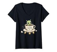 Mujer OVNI Platillo Divertido Café Aventura Espacial Alienígena Camiseta Cuello V