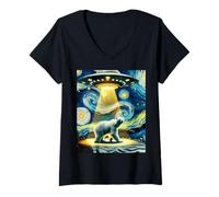 Mujer OVNI secuestrando a un oso polar, estilo de noche estrellada de Van Gogh Camiseta Cuello V