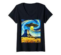 Mujer OVNI sobre la Torre del Diablo, Van Gogh Starry Night Style Camiseta Cuello V
