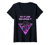 Mujer OVNI Vuela como Lo Robaste Retro Alien Camiseta Cuello V