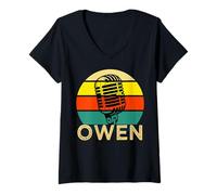 Mujer Owen - Micrófono Retro con Nombre de música de los años 80 Vintage para Hombres y niños Camiseta Cuello V