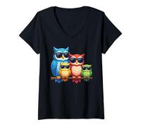 Mujer Owl Family Sunglasses Ornithologist Colorful Bird Lover Owl Camiseta Cuello V