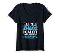Mujer Padre coordinador del caos - tres hijas Camiseta Cuello V