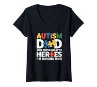 Mujer Padre Orgulloso del Hijo héroe Autista Conciencia sobre el Autismo Papá Hijo Camiseta Cuello V