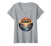Mujer Paisaje Inspirador del cañón, Comienza tu Viaje Camiseta Cuello V