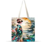 Mujer paisaje japonesa Bolsa de Lona 38x34cm Tote Bag sin Cremallera,juego de 1 Canvas Tote Bags para Mujer,Bolsa de Compras Plegable,Bolso de Mano Lavable para Compras,Trabajo,Vida Cotidiana,Viajes