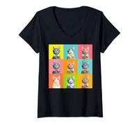 Mujer Pajarita de Gato Americano de Pelo Corto Pop Art Colorido felino Rejilla Camiseta Cuello V