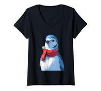 Mujer Pájaro Azul con Bufanda y Copo Nieve de Invierno Camiseta Cuello V
