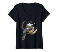 Mujer Pájaro Celestial de Luna Creciente Chickadee Camiseta Cuello V